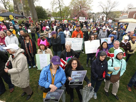 BlueWaveNJ, NJ 11th For Change, and 32BJ SEIU hold an Earth Day rally at Vail Mansion in Morristown to urge Rep. Rodney Frelinghuysen to stand by his promise to preserve open space and protect the environment