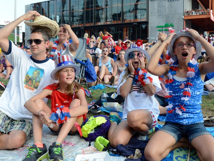 Soccer fans at a watch party at SteelStacks react in the final moments of the USA versus Belgium world cup soccer match.
