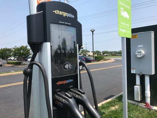 In this file photo, a public charging station for electric vehicles in Rehoboth Beach. A businessman is donating four similar chargers to the City of Lewes to turn it into a vacation destination for electric car fans. Ocean City announced Tuesday it would begin charging for the use of the stations.