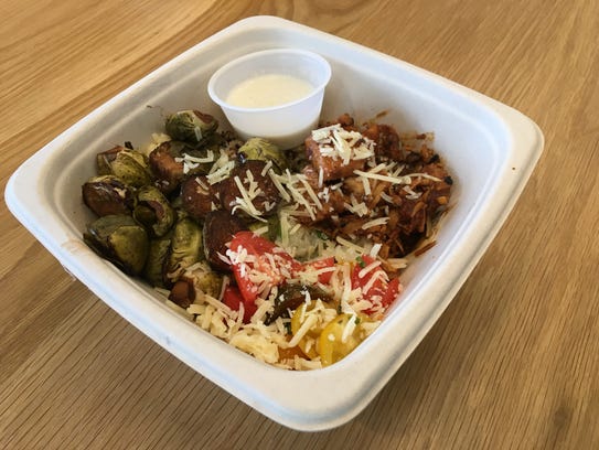 KitchenFresh four bowl: pesto chicken, Brussels sprouts,