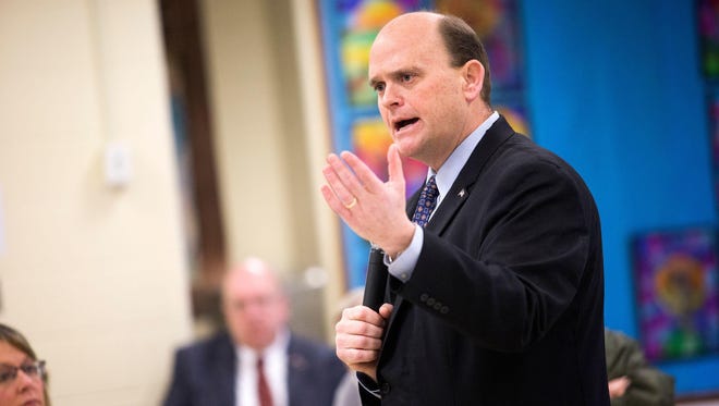 Tom Reed speaks during a town hall meeting held at Tioga Central High School in Tioga Center on April 1, 2017.