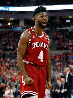 Hoosiers guard Robert Johnson (4) celebrates during the second half against the Ohio State Buckeyes at Value City Arena. Indiana won 96-92.