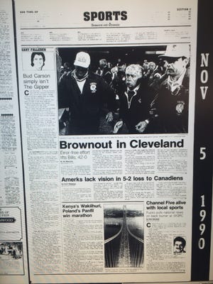 The Democrat and Chronicle sports page the day after the Bills shut out the Browns in 1990.