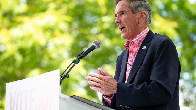 Illinois Republican Party Chairman Tim Schneider gives his opening remarks as he kicks off Republican Day at the Illinois State Fair on the Director's Lawn at the Illinois State Fairgrounds, Thursday, Aug. 15, 2019, in Springfield, Ill.