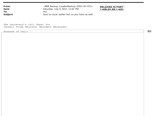 Another 2011 email marked as having classified information details a planned call between Hillary Clinton and Israeli Prime Minister Benjamin Netanyahu.