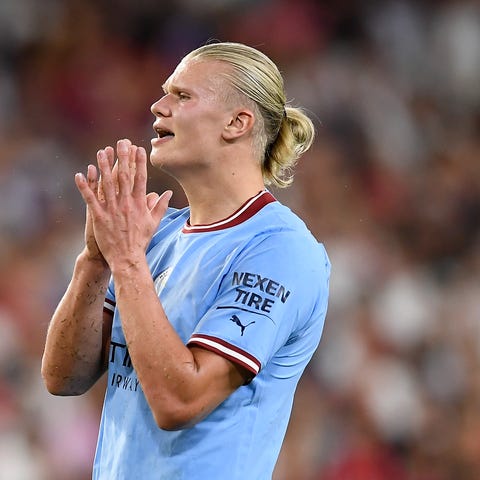 Manchester City's Erling Haaland reacts during the