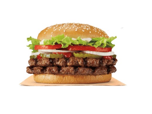 <strong>22. Burger King: Double Whopper Sandwich With Cheese</strong><br />
<strong>&bull; Calories:</strong> 980<br />
<strong>&bull; Serving:</strong> 377 g<br />
<strong>&bull; Fat content (trans fat):</strong> 3.0 grams<br />
<strong>&bull; Sodium:</strong> 1,410 mg<br />
<strong>&bull; Sugar:</strong> 11.0 g