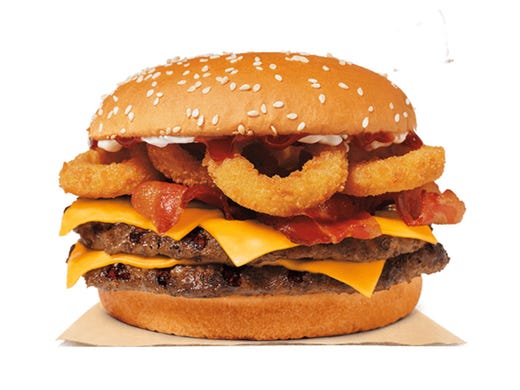 <strong>4. Burger King: RodeoKing Burger</strong><br />
<strong>&bull; Calories:</strong> 1,480<br />
<strong>&bull; Serving:</strong> 385 g<br />
<strong>&bull; Fat content (trans fat):</strong> 5.0 grams<br />
<strong>&bull; Sodium:</strong> 2,340 mg<br />
<strong>&bull; Sugar:</strong> 14.0 g