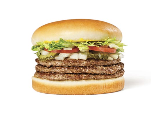 <strong>14. Whataburger: Triple Meat Whataburger</strong><br />
<strong>&bull; Calories:</strong> 1,080<br />
<strong>&bull; Serving:</strong> 484 g<br />
<strong>&bull; Fat content (trans fat):</strong> 3.0 grams<br />
<strong>&bull; Sodium:</strong> 1,720 mg<br />
<strong>&bull; Sugar:</strong> 12.0 g