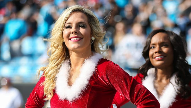 Dec 13, 2015; Charlotte, NC, USA; Carolina Panthers Topcats Cheerleaders in Christmas apparel during the regular season game against the Atlanta Falcons at Bank of America Stadium.