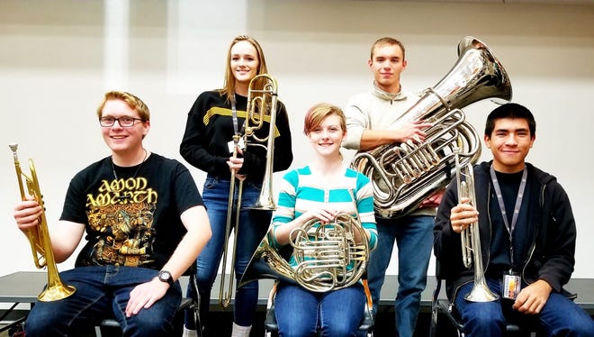 Sunday's Best Brass of Christmas concert in Aztec will feature (clockwise from left) Aztec High students Aedan Wells, Charlotte Martin, Ferran Mendieta, Adrian Quintana and Alexis Acrey.