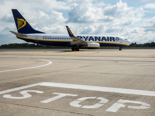A Ryanair jet at the Charleroi Airport in Belgium on