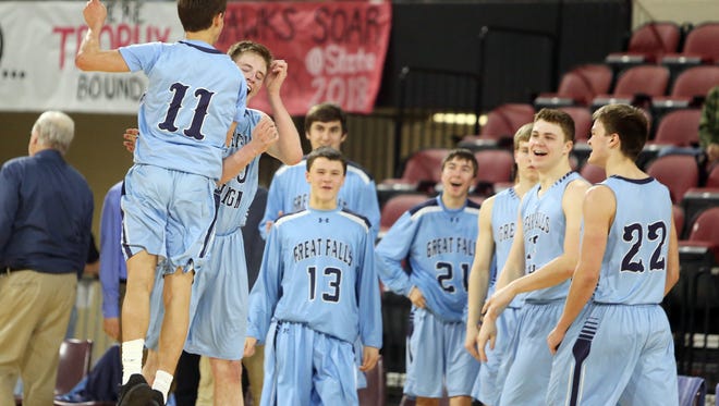 Great Falls High celebrates its victory over Missoula Hellgate Thursday at the Billings Metra.