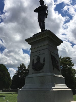 The Confederate monument in Springfield was built in 1901. The main figure is an unknown Confederate soldier. Lower on the base is the likeness of Confederate Major General Sterling Price.