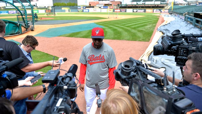 Louisville Bats manager Delino DeShields talks about the upconing season during the Bats Media Day at Louisville Slugger Field, Wednesday, April 5, 2017 in Louisville.