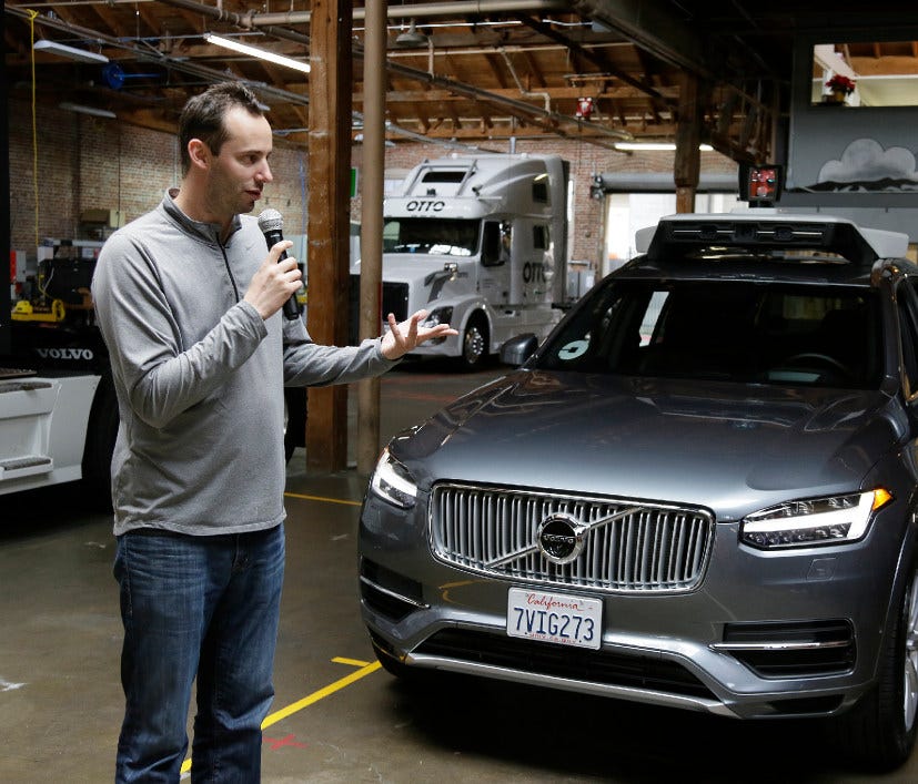 Anthony Levandowski, shown here during a briefing at a garage owned by his self-driving truck company Otto, which Uber bought in 2016.