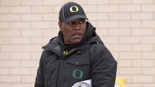 Jan 10, 2015; Euless, TX, USA; (editors note: caption correction) Oregon Ducks running backs coach Gary Campbell takes the field for practice at the Euless Trinity High School football field. Mandatory Credit: Jerome Miron-USA TODAY Sports