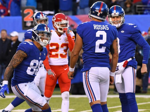 New York Giants kicker Aldrick Rosas celebrates after