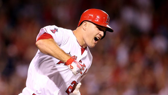 Mike Trout #27 of the Los Angeles Angels of Anaheim could be a valuable trade asset.