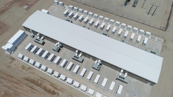 The Imperial Irrigation District's 30-megawatt battery storage system in El Centro, California, seen from a drone.
