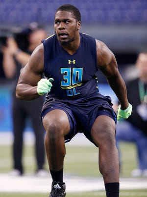 Former Michigan State defensive lineman Malik McDowell participates in a drill during the NFL combine at Lucas Oil Stadium on March 5, 2017 in Indianapolis.