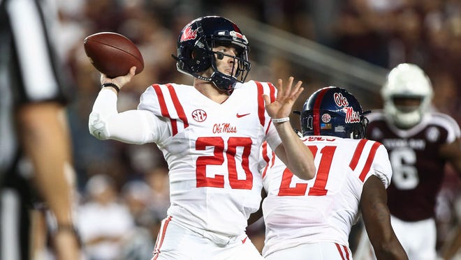Ole Miss quarterback Shea Patterson (20) attempts a pass during the first quarter against  Texas A&M  on Nov. 12, 2016.
