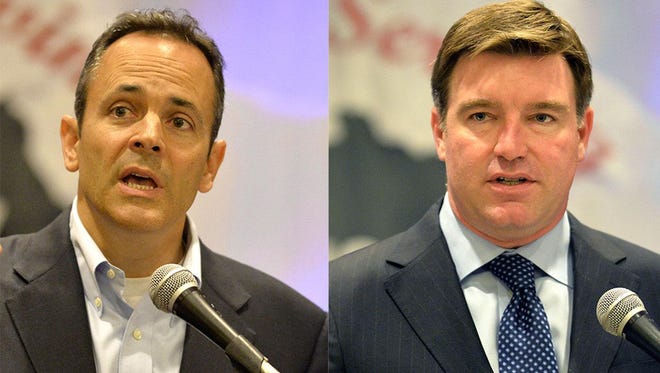 Matt Bevin, left, and Jack Conway appeared together for the first time at an event on Friday, June 19, 2015.