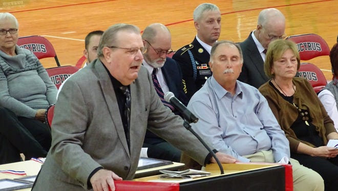 Donald Scheerer, the hall of fame's secretary, explains Friday the many ways the city's residents honor veterans. Nine new members were inducted into the Crawford County Veterans Hall of Fame.