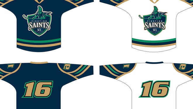 A mockup of the St. Clair Shores Fighting Saints' home and away jerseys