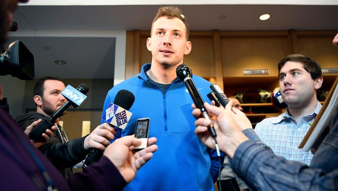 New York Giants quarterback Davis Webb talks to media as the players pack up their lockers in East Rutherford, N.J. on Monday, January 1, 2018.