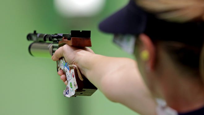 Naples' Enkelejda Shehaj (USA) during the women's 10m air pistol in the Rio 2016 Summer Olympic Games at Olympic Shooting Centre  on Sunday, Aug. 7, 2016, in Rio de Janeiro, Brazil.