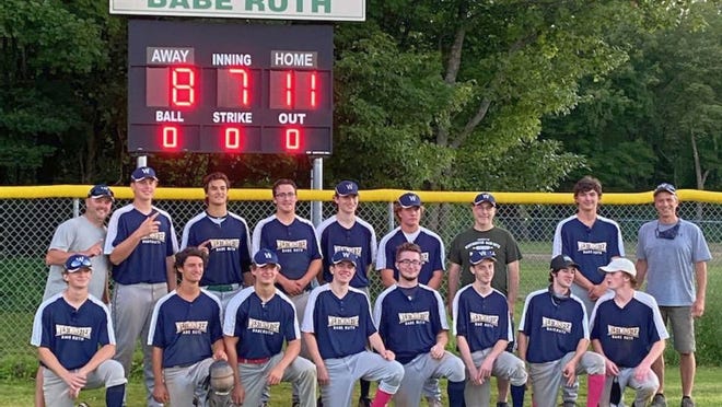 Westminster 1 manager Geoff Tobia, back row far right, said it took all 15 players for the Senior Babe Ruth baseball team to win their division championship of the Central Mass Baseball League over Leominster, last week, at the Westminster Babe Ruth Field. Front row (left to right): Ryan LeClair, Jason Tralongo, Kyle Samson, Jack Tobia, Nick Nano, Anthony Colangelo, Conor Dandy, and Matt Rowland. Back row: Assistant coach Peter Manca, Payton Manca, Ryan Mack, Shea Fairbanks, Ryan Coleman, Parker Vandesteen, assistant coach Mike Colangelo, Nolan Andrews, manager Geoff Tobia. Missing from the photo were James Wirtanen and assistant coach Matt Doherty.