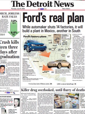 The front page of The Detroit News on June 14, 2006.
