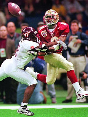 Florida State receiver Peter Warrick helped the Seminoles beat Virginia Tech for the national title in the 2000 Sugar Bowl.