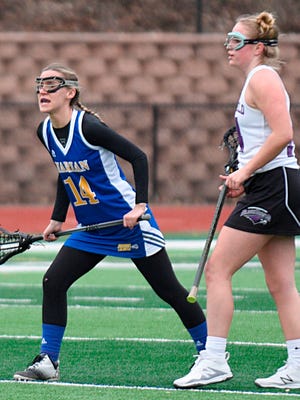 Senior Kellie Dugan (14) will play a key defensive role this season for Marian's lacrosse team.