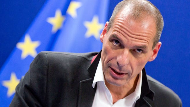 Greek Finance Minister Yanis Varoufakis speaks during a media conference after a meeting of eurogroup finance ministers in Brussels on Feb. 20.