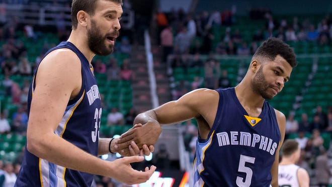 Nov 14, 2016; Salt Lake City, UT, USA; Memphis Grizzlies center Marc Gasol (33) and guard Andrew Harrison (5) react after defeating the Utah Jazz 102-96 at Vivint Smart Home Arena. Mandatory Credit: Russ Isabella-USA TODAY Sports