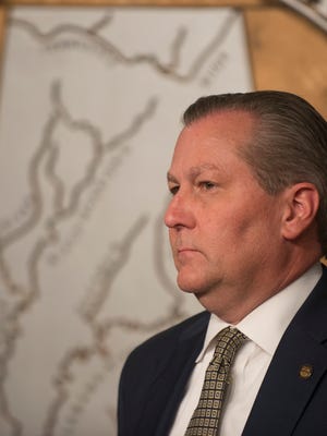 Speaker of the House Mike Hubbard unveils the Alabama legislative agenda for 2016 on Thursday, Jan. 28, 2016, at the Alabama State House in Montgomery, Ala. 