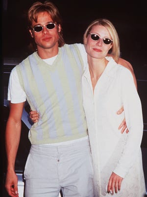 Brad Pitt, left, and then-girlfriend Gwyneth Paltrow attend the premiere of "The Pallbearer" at Tribeca Film Center on April 28, 1996.