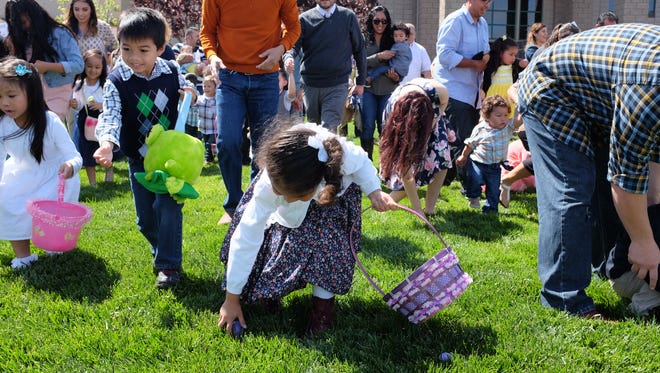 Children burst out of the starting gate during the noontime Easter egg hunt at Sacred Heart Church's Cislini Youth Center in Salinas. 
