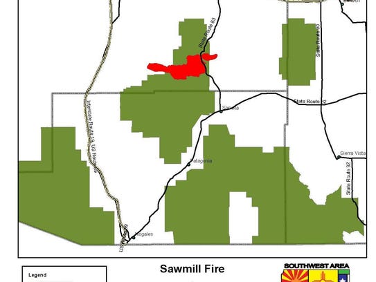 The location of the Sawmill Fire southeast of Tucson.