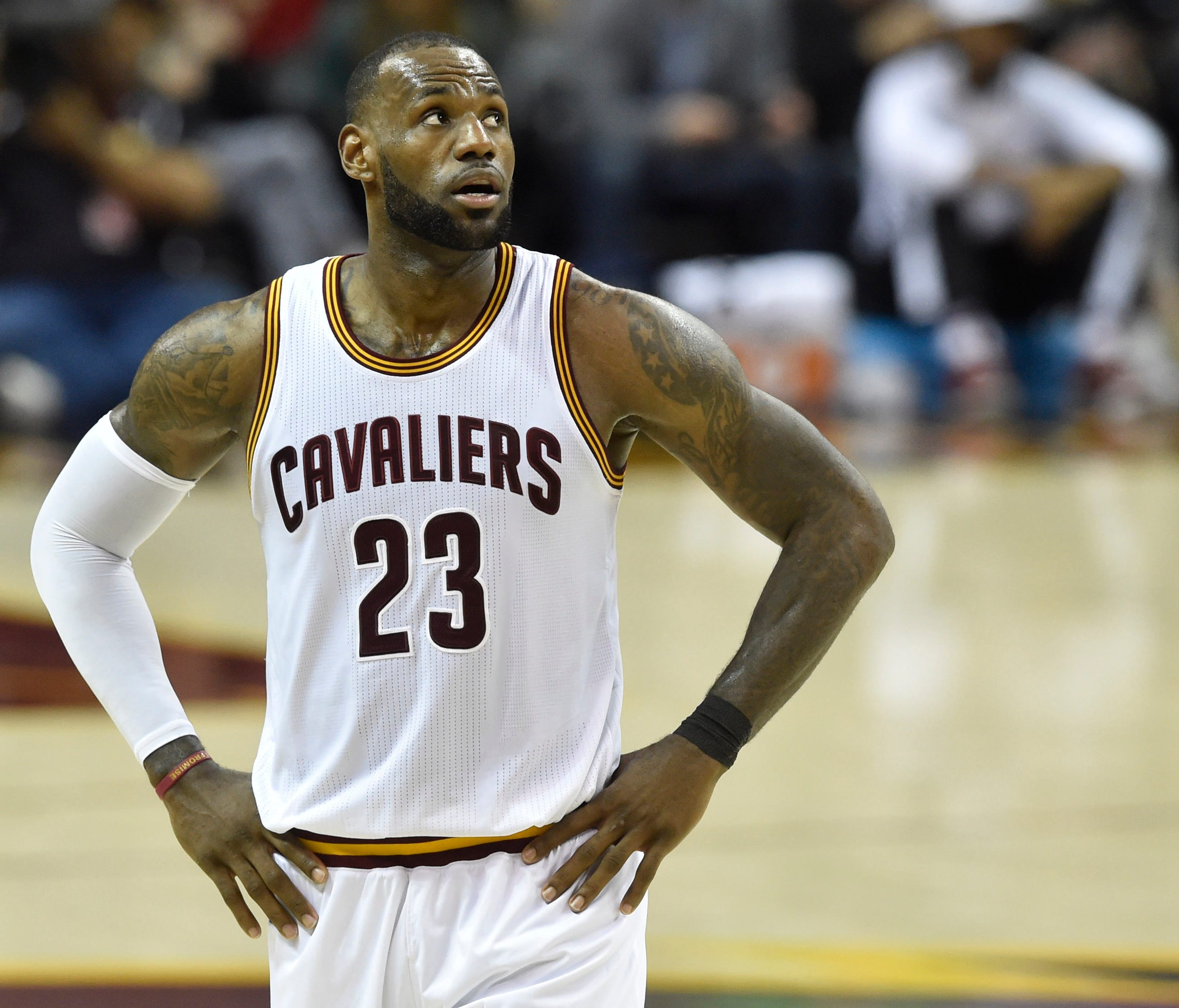 Cleveland Cavaliers forward LeBron James (23) reacts in the third quarter against the Indiana Pacers at Quicken Loans Arena.