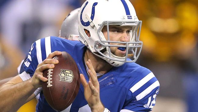 Indianapolis Colts quarterback Andrew Luck gets determined looking for a receiver in the first half agains the Patriots. Indianapolis hosted New England at Lucas Oil Stadium on Sunday, November 16, 2014. 