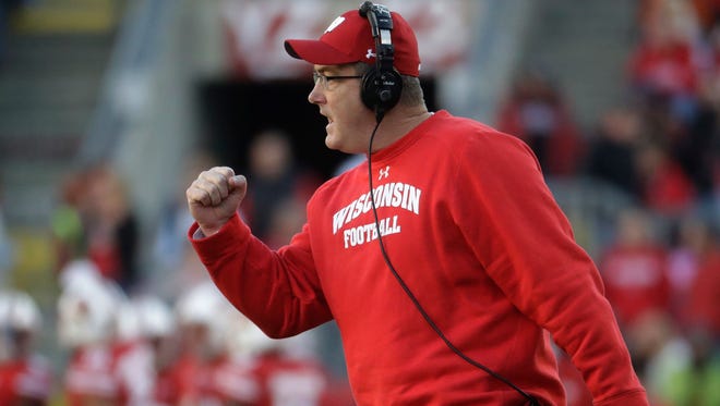 Wisconsin head coach Paul Chryst reacts after a touchdown last Saturday against Illinois.
