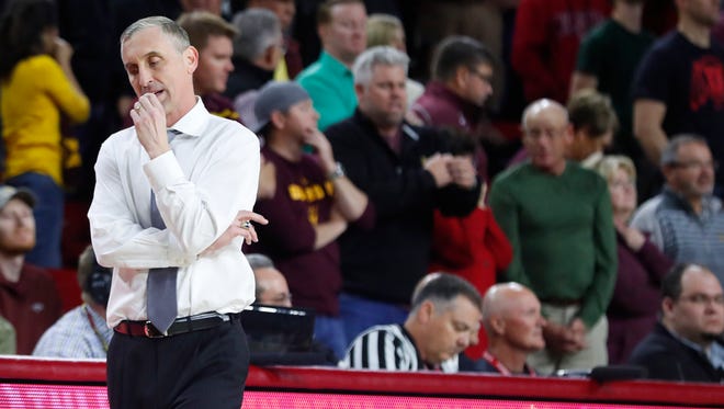 ASU's head coach Bobby Hurley reacts after a missed basket during overtime against Utah at Wells Fargo Arena on January 25, 2018 in Tempe, Ariz.