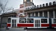 A tramway rides past the Pyongyang Station in Pyongyang,