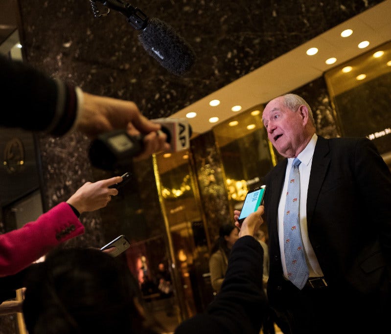 Sonny Perdue, former governor of Georgia, speaks to reporters at Trump Tower, November 30, 2016 in New York City. President-elect Donald Trump and his transition team are in the process of filling cabinet and other high level positions for the new ad
