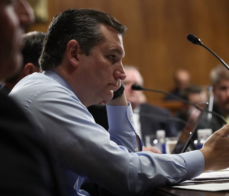 Sen. Ted Cruz (R-TX) listens to Democratic senators speak during the Senate Judiciary Committee's 'markup' on the nomination of Sen. Jeff Sessions to be the next Attorney General of the U.S. January 31, 2017 in Washington, DC.