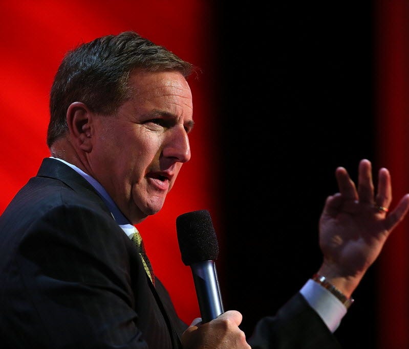 Oracle CEO Mark Hurd  delivering a keynote address during the 2013 Oracle Open World conference in San Francisco, California.
