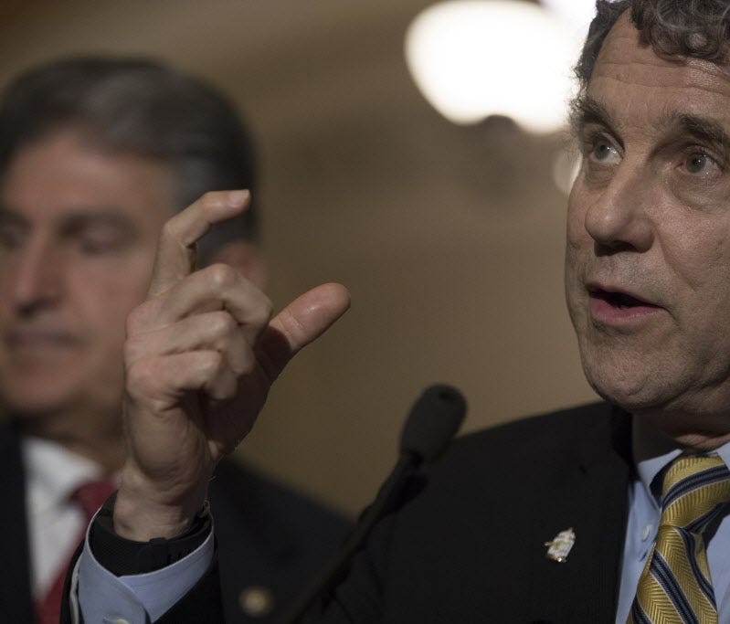 Sen. Sherrod Brown, D-Ohio, speaks to the media after the weekly policy luncheon on Capitol Hill May 2, 2017, in Washington, DC.